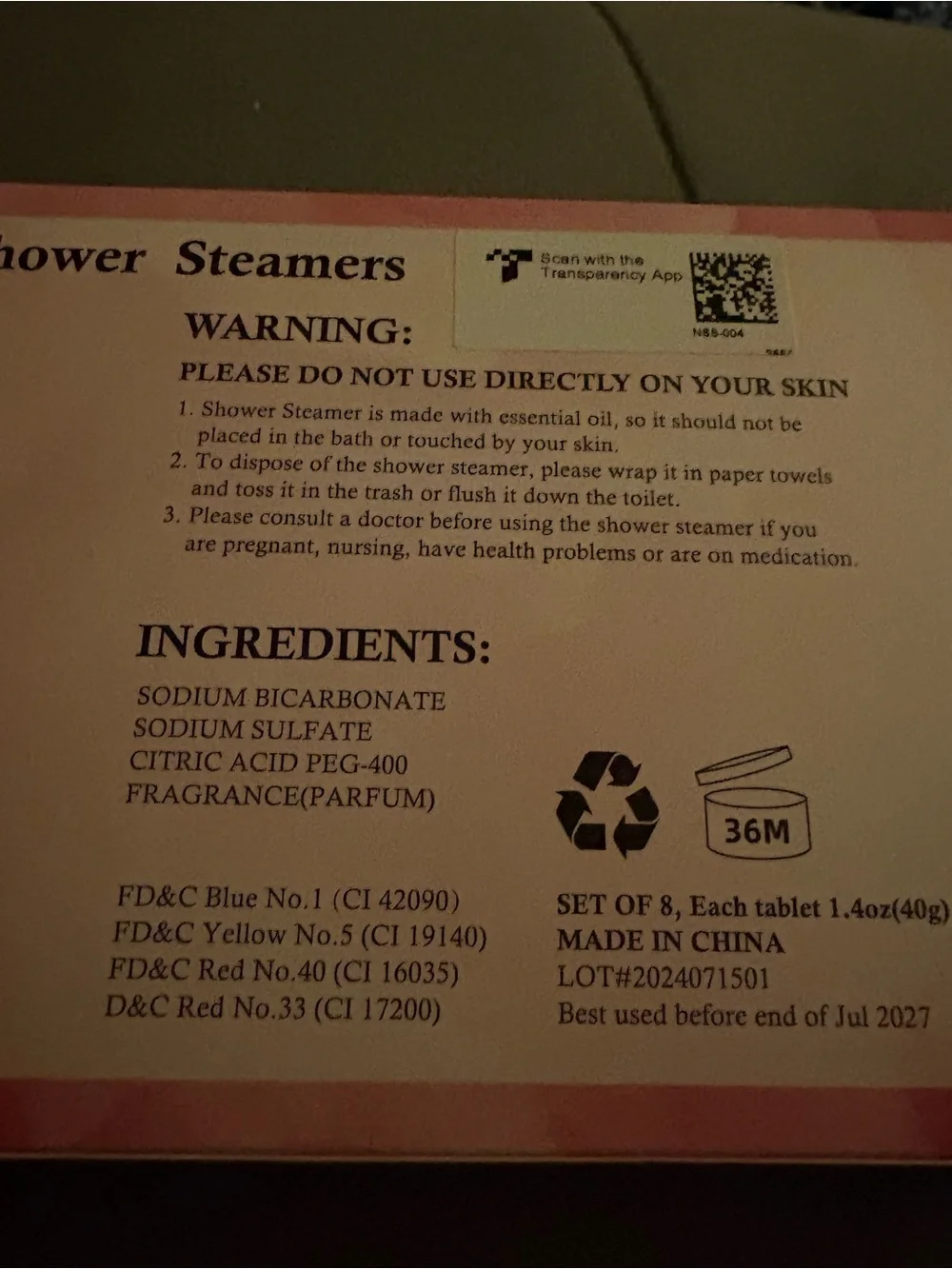 Shower steamers, 4 left, 2 tea tree, one orange, and one rose
